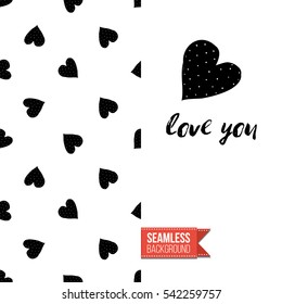 Monochrome greeting card. Seamless pattern background with romantic signs on one side. On another inscription: love you. Vector template.