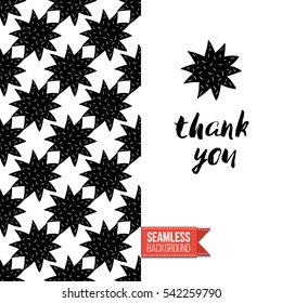 Monochrome greeting card. Seamless pattern background with romantic signs on one side. On another inscription: thank you. Vector template.