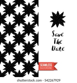 Monochrome greeting card. Seamless pattern background with romantic signs on one side. On another inscription: save the date. Vector template.