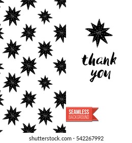 Monochrome greeting card. Seamless pattern background with romantic signs on one side. On another inscription: thank you. Vector template.