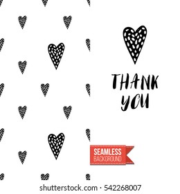 Monochrome greeting card. Seamless pattern background with romantic signs on one side. On another inscription: thank you. Vector template.