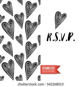 Monochrome greeting card. Seamless pattern background with romantic signs on one side. On another inscription: r.s.v.p.. Vector template.