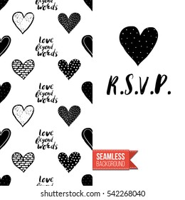 Monochrome greeting card. Seamless pattern background with romantic signs on one side. On another inscription: r.s.v.p.. Vector template.