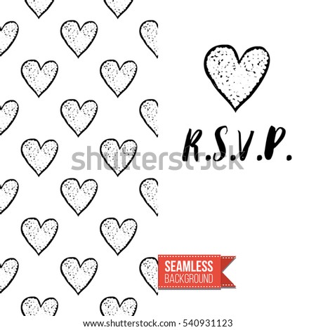 Monochrome greeting card. Seamless pattern background with romantic signs on one side. On another inscription: r.s.v.p.. Vector template.