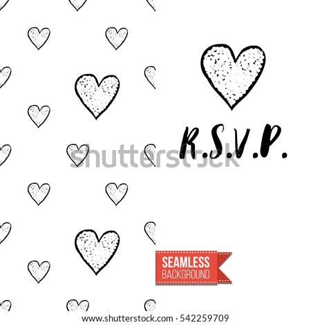 Monochrome greeting card. Seamless pattern background with romantic signs on one side. On another inscription: r.s.v.p.. Vector template.