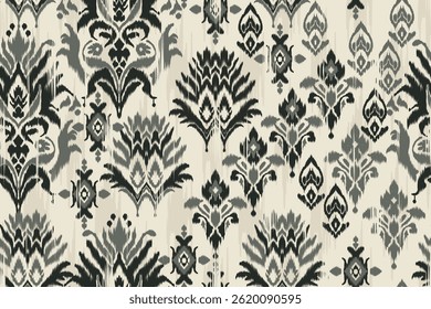 Monochrome grey black ikat seamless pattern, ethnic traditional textile design, abstract tribal background for wallpaper, fabric, wrapping paper, fashion and digital prints.