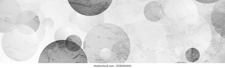 Monochrome grey circles tech geometric grunge background. Vector textural banner design