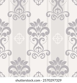 Monochrome grey classic floral stripes pattern. Vector classic chintz floral motif seamless pattern. Classic floral stripes pattern use for fabric, textile, home decoration elements, upholstery, etc.