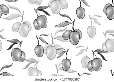 Monochrome grey seamless pattern with olives on white background. For design natural organic cosmetics, wrapping paper, soap, olive oil. Vector stock illustration.