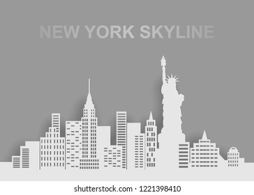 monochrome grey skyline of a New York with statue of liberty, paper cut art style, vector illustration