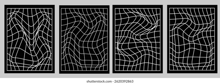 Monochrome Gitter Abstrakte Illusion Poster Design Moderne schwarz-weiße Vektorhintergrund mit optischen Kunstlinien und geometrischen Formen Perfekt für Ausdrucke, Covers, Anzeigen, Social Media und Branding