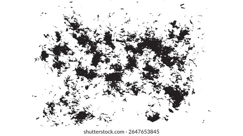 Ilustração de textura de sujeira monocromática apresentando manchas salpicadas e formas espalhadas em tons contrastantes de preto e branco, criando um design abstrato com uma sensação arenosa