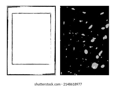 Monochrome grunge abstract background vector set. Ink brush splash, black and white frame collection. Rough grimy color pattern, rectangle border banner. Dirty paint texture art backdrop illustration.