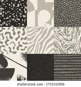 Monochrome Grunge Authentic Seamless Pattern. Brutalist vector graphics collage made with simple geometric shapes and organic textures, useful for poster art and digital print.