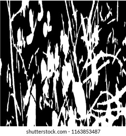 Monochrome Grunge Background. Abstract Black and White Texture with Scratched Lines, Spots and Blobs for Web Applications, Banner, Card. Vintage Rough Halftone Background with Different Elements.