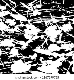 Monochrome Grunge Background. Abstract Black and White Texture with Scratched Lines, Spots and Blobs for Banner, Card, Wallpaper. Retro Rough Halftone Background with Different Elements.