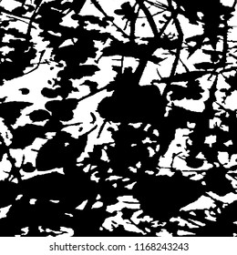 Monochrome Grunge Background. Abstract Black and White Texture with Scratched Lines, Spots and Blobs for Wallpaper, Print, Card. Trendy Rough Halftone Background with Different Elements.