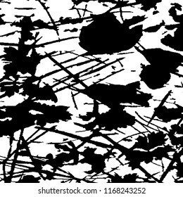 Monochrome Grunge Background. Abstract Black and White Texture with Scratched Lines, Spots and Blobs for Web Applications, Wallpaper, Print. Modern Rough Halftone Background with Different Elements.
