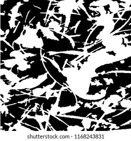 Monochrome Grunge Background. Abstract Black and White Texture with Scratched Lines, Spots and Blobs for Card, Print, Mobile Applications. Trendy Rough Halftone Background with Different Elements.