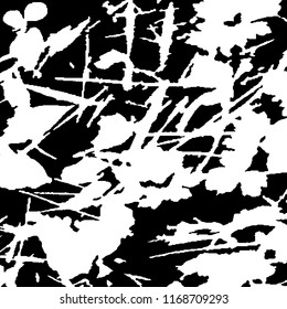Monochrome Grunge Background. Abstract Black and White Texture with Scratched Lines, Spots and Blobs for Web Applications, Banner, Card. Modern Rough Halftone Background with Different Elements.