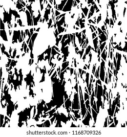 Monochrome Grunge Background. Abstract Black and White Texture with Scratched Lines, Spots and Blobs for Web Applications, Wallpaper, Print. Modern Rough Halftone Background with Different Elements.