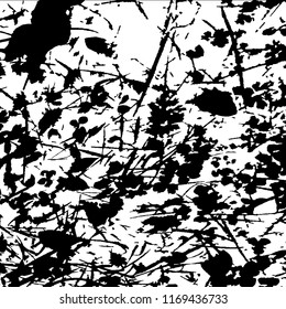 Monochrome Grunge Background. Abstract Black and White Texture with Scratched Lines, Spots and Blobs for Print, Card, Banner. Trendy Rough Halftone Pattern with Different Elements.