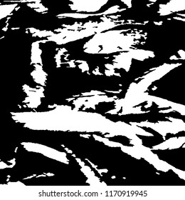 Monochrome Grunge Background. Abstract Black and White Texture with Scratched Lines, Spots and Blobs for Web Applications, Wallpaper, Print. Trendy Rough Halftone Pattern with Different Elements.