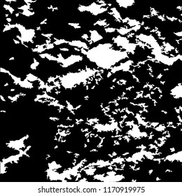 Monochrome Grunge Background. Abstract Black and White Texture with Scratched Lines, Spots and Blobs for Wallpaper, Print, Card. Modern Rough Halftone Pattern with Different Elements.