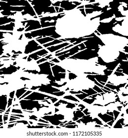 Monochrome Grunge Background. Abstract Black and White Texture with Scratched Lines, Spots and Blobs for Web Applications, Wallpaper, Print. Retro Rough Halftone Pattern with Different Elements.