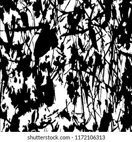 Monochrome Grunge Background. Abstract Black and White Texture with Scratched Lines, Spots and Blobs for Banner, Card, Wallpaper. Vintage Rough Halftone Background with Different Elements.