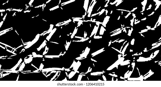 Monochrome Grunge Background. Abstract Black and White Texture with Scratched Lines, Spots and Blobs for Wallpaper, Print, Card. Modern Rough Halftone Background with Different Elements.