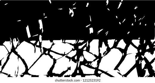 Monochrome Grunge Background. Abstract Black and White Texture with Scratched Lines, Spots and Blobs for Print, Card, Banner. Vintage Rough Halftone Background with Different Elements.