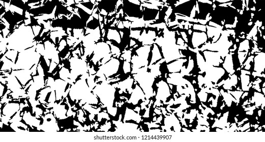 Monochrome Grunge Background. Abstract Black and White Texture with Scratched Lines, Spots and Blobs for Web Applications, Wallpaper, Print. Trendy Rough Halftone Background with Different Elements.