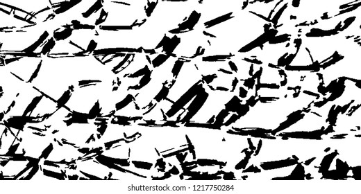 Monochrome Grunge Background. Abstract Black and White Texture with Scratched Lines, Spots and Blobs for Banner, Card, Wallpaper. Retro Rough Halftone Background with Different Elements.