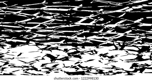 Monochrome Grunge Background. Abstract Black and White Texture with Scratched Lines, Spots and Blobs for Web Applications, Wallpaper, Print. Vintage Rough Halftone Pattern with Different Elements.