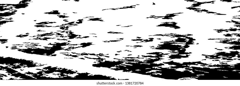 Monochrome Grunge Background. Abstract Black and White Texture with Scratched Lines, Spots and Blobs for Print, Card, Banner. Trendy Rough Halftone Background with Different Elements.