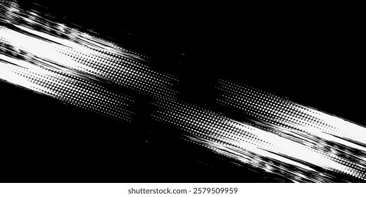 Monochrome Grunge Background. Abstract Black and White Texture with Scratched Lines, Spots and Blobs for Banner, Card, Wallpaper. Trendy Rough Halftone Pattern with Different Elemen