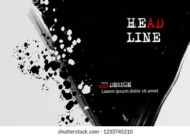 Monochrome grunge background. Black and white scratched template with splash and spray. Texture and elements for design. Abstract vector illustration.