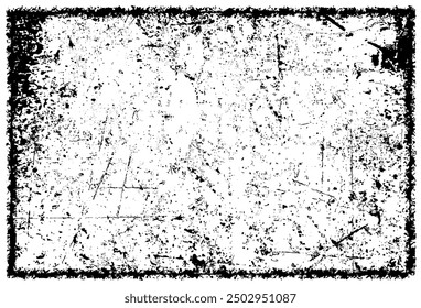 Monochrome grunge background with grunge border. Black overlay distressed texture. Scratch, grain, noise, grunge stamp.
