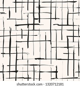 Monochrome grunge checkered texture. Damaged repetitive vector background. Grungy plaid seamless pattern. Tartan with damaged lines.