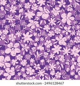 Monochrome grunge ditsy hand drawn flower seamless pattern on checkered background