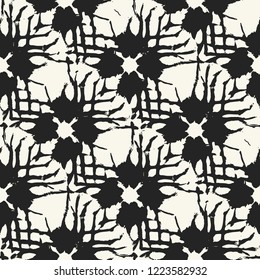 Monochrome Grunge Floral Checked Motif. Seamless Pattern.