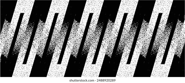 Monochrome grunge noise patterns split into vertical sections, resembling glitches in a digital signal. The pixelation gradient stripes stretch across the canvas.