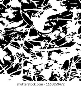 Monochrome Grunge Pattern. Abstract Black and White Texture with Scratched Lines, Spots and Blobs for Web Applications, Wallpaper, Print. Vintage Rough Halftone Background with Different Elements.