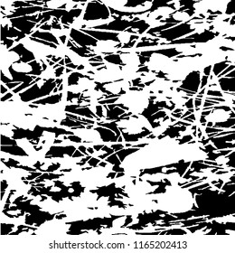 Monochrome Grunge Pattern. Abstract Black and White Texture with Scratched Lines, Spots and Blobs for Banner, Card, Wallpaper. Retro Rough Halftone Pattern with Different Elements.
