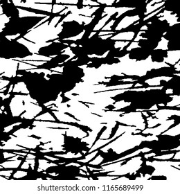 Monochrome Grunge Pattern. Abstract Black and White Texture with Scratched Lines, Spots and Blobs for Web Applications, Wallpaper, Print. Trendy Rough Halftone Background with Different Elements.