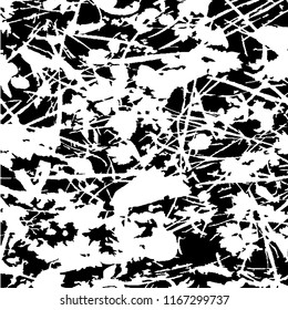 Monochrome Grunge Pattern. Abstract Black and White Texture with Scratched Lines, Spots and Blobs for Web Applications, Banner, Card. Modern Rough Halftone Pattern with Different Elements.
