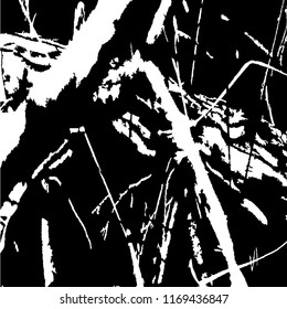 Monochrome Grunge Pattern. Abstract Black and White Texture with Scratched Lines, Spots and Blobs for Banner, Card, Wallpaper. Modern Rough Halftone Pattern with Different Elements.