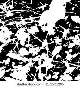 Monochrome Grunge Pattern. Abstract Black and White Texture with Scratched Lines, Spots and Blobs for Print, Card, Banner. Retro Rough Halftone Background with Different Elements.