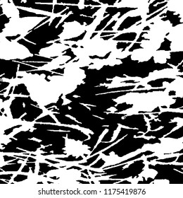 Monochrome Grunge Pattern. Abstract Black and White Texture with Scratched Lines, Spots and Blobs for Banner, Card, Wallpaper. Retro Rough Halftone Background with Different Elements.